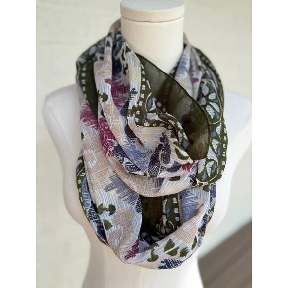 J Jill Lightweight Infinity Scarf Boho Abstract Print Olive Green Blue Beige OS - Picture 1 of 7